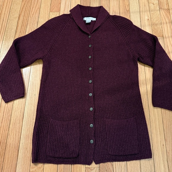 Tweeds Sweaters - Tweeds Deep Purple Plum Cardigan Sweater Front Pockets Silk Wool Cotton